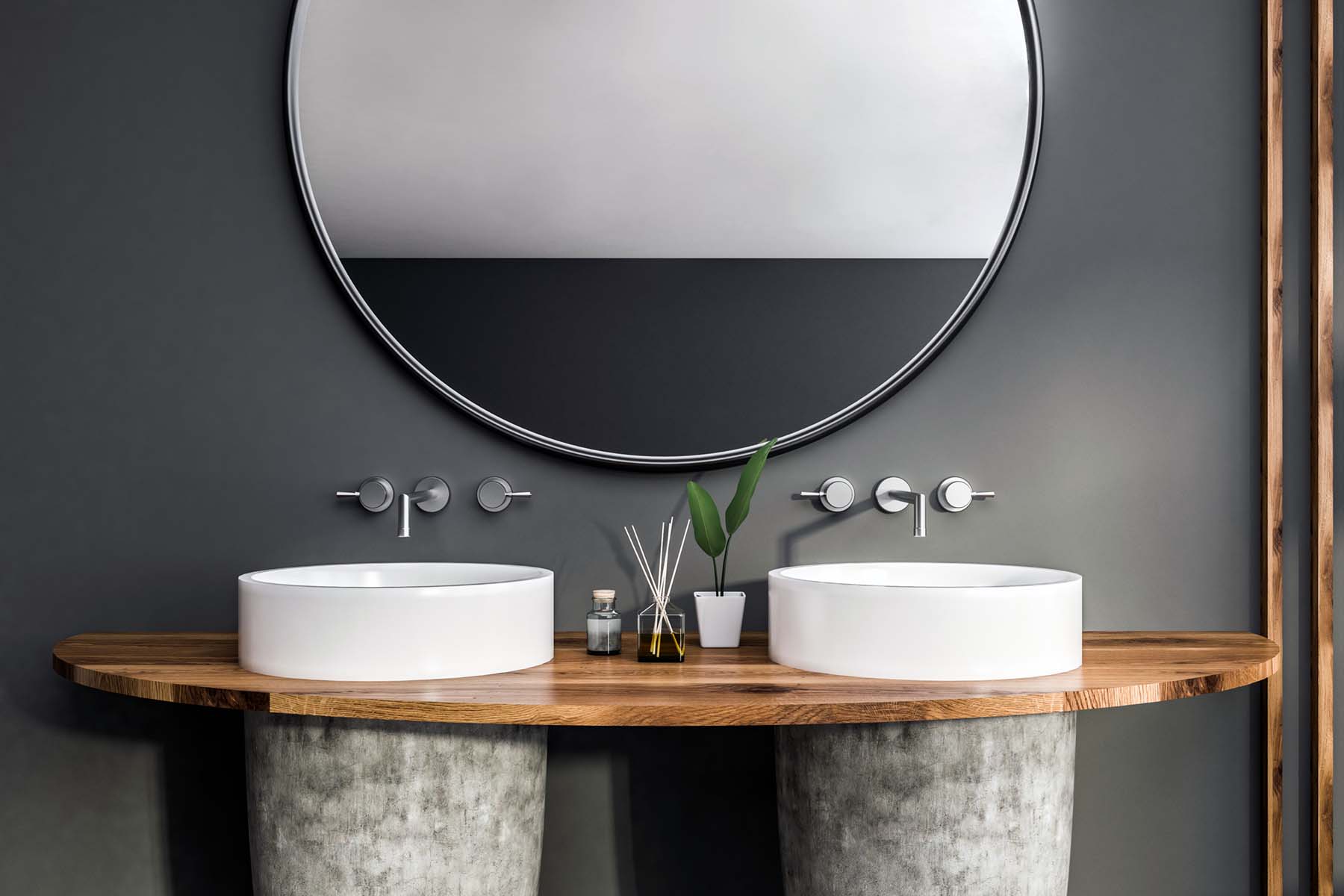 Double sink in gray bathroom